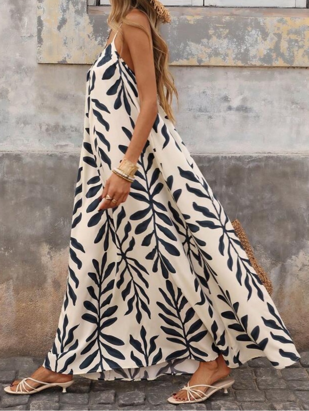 Cream and Black Leaf-Print Maxi Dress - Women's Sundress